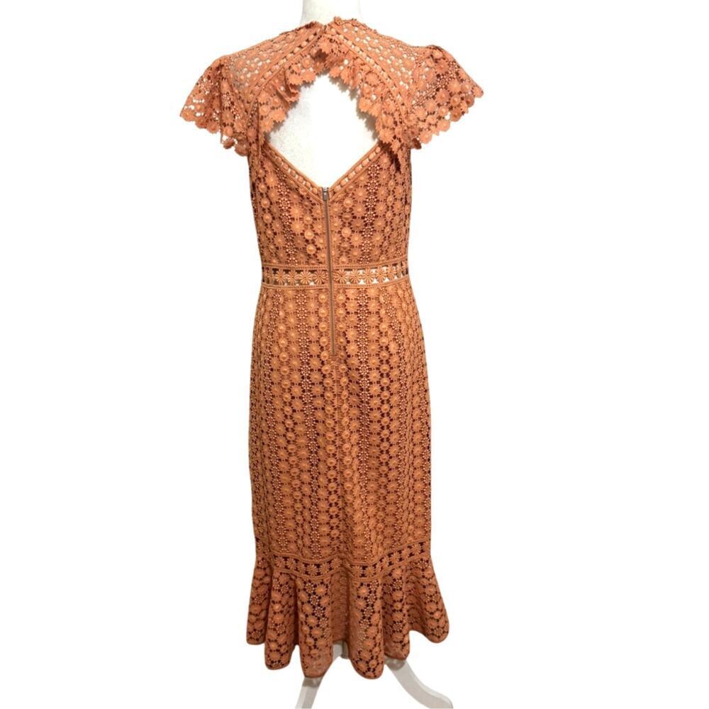 Saylor Rouen Dress Clay Peach Lace Midi Open Back Ruffle Hem Wedding Guest Large - Picture 3 of 7